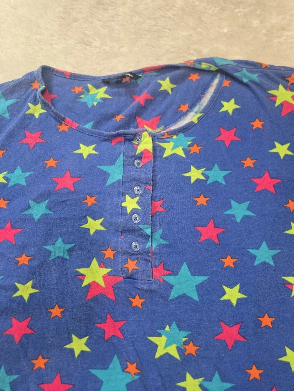 Just Love Blue Stars Short Sleeve Whimsigoth Retro Cotton Sleep Shirt, 2X